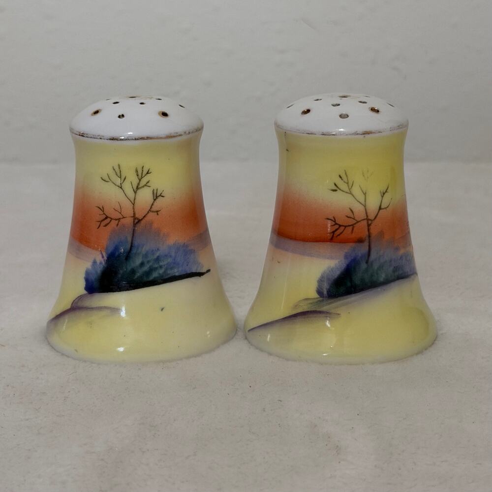 Vintage Japan Porcelain Salt and Pepper Shakers Hand Painted Sunset Tree Pair